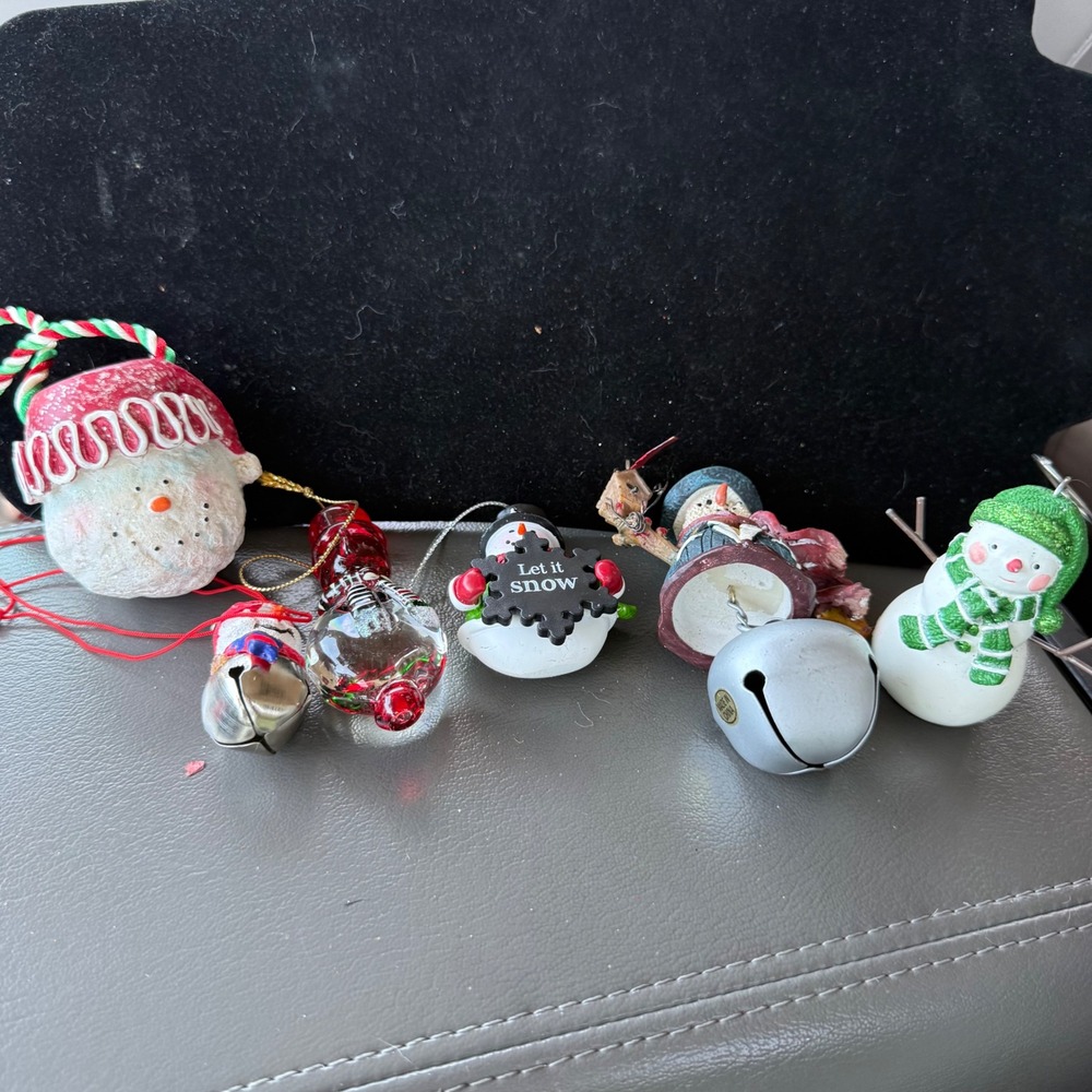 Vintage Mixed‎ Snowman Christmas Ornament Lot Glass Resin Jingle Bell 6pc Set